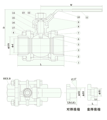 三片式全通徑經濟型球閥 結構圖 / 尺寸圖